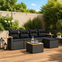 Garden Sofa Set 6 Piece Outdoor Furniture Black Poly Rattan Patio Sectional