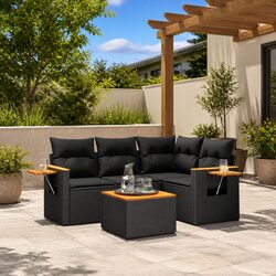 Outdoor Garden Sofa Set 5 Piece Patio Furniture Black Poly Rattan with Cushions