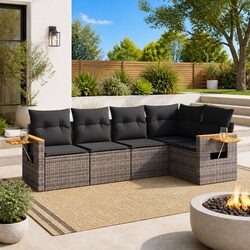 Garden Sofa Set 5 Piece Outdoor Furniture PE Rattan Grey with Storage Cushions
