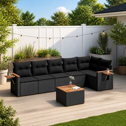 7 Piece Garden Sofa Set Black Poly Rattan Outdoor Furniture Patio Cushions