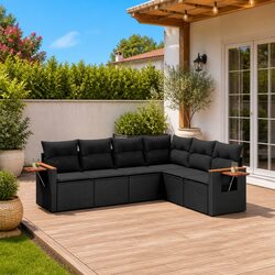6 Piece Outdoor Garden Sofa Set Black Poly Rattan Patio Furniture with Cushions