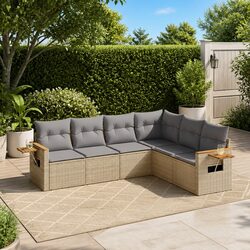 6 Piece Garden Sofa Set Beige Poly Rattan Outdoor Furniture with Storage