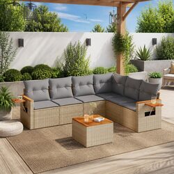 Garden Sofa Set 7 Piece Outdoor Furniture Beige Poly Rattan Modular Patio