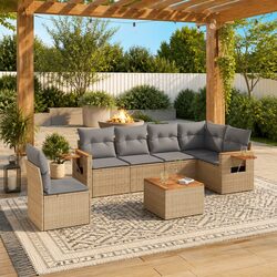 Outdoor Garden Sofa Set 7 Piece Beige Poly Rattan Patio Furniture with Storage