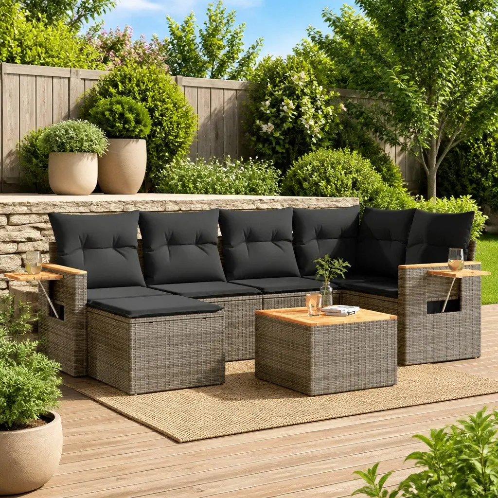 7 Piece Garden Sofa Set with Cushions Grey Poly Rattan Outdoor Furniture Patio