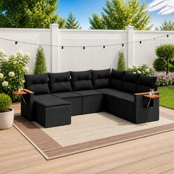 7 Piece Garden Sofa Set with Cushions Black Poly Rattan Outdoor Patio Furniture