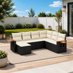 Garden Sofa Set 7 Piece Outdoor Furniture Black Poly Rattan Modular Patio
