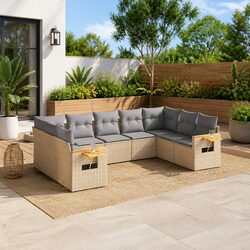 Outdoor Garden Sofa Set 9 Piece Poly Rattan Beige Patio Furniture with Storage
