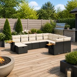 Outdoor Garden Sofa Set 10 Piece Patio Furniture Black Poly Rattan Modular