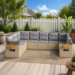 Garden Sofa Set 10 Piece Outdoor Furniture Beige Poly Rattan Patio Modular