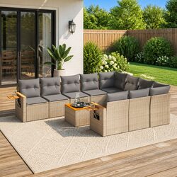 Garden Sofa Set 11 Piece Outdoor Furniture Beige Poly Rattan Modular Patio