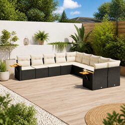 Garden Sofa Set 10 Piece Outdoor Furniture with Cushions Black Poly Rattan Patio