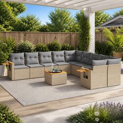 Garden Sofa Set 11 Piece Outdoor Furniture Beige Poly Rattan Patio Seating