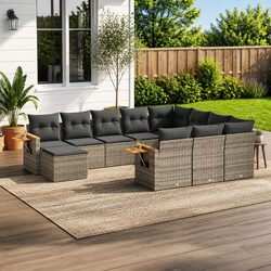 11 Piece Outdoor Garden Sofa Set Grey Poly Rattan Patio Furniture with Cushions