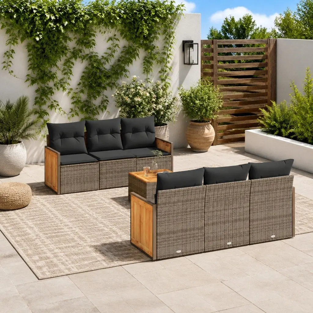 7 Piece Garden Sofa Set with Storage Cushions Grey PE Rattan Acacia Wood Outdoor Furniture