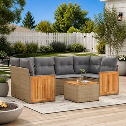 7 Piece Garden Sofa Set Outdoor Patio Furniture Beige Poly Rattan with Cushions