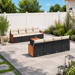 9 Piece Outdoor Garden Sofa Set with Storage Cushions Black Poly Rattan Patio