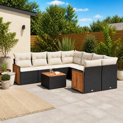 Outdoor Garden Sofa Set 9 Piece Black Poly Rattan Patio Furniture with Cushions