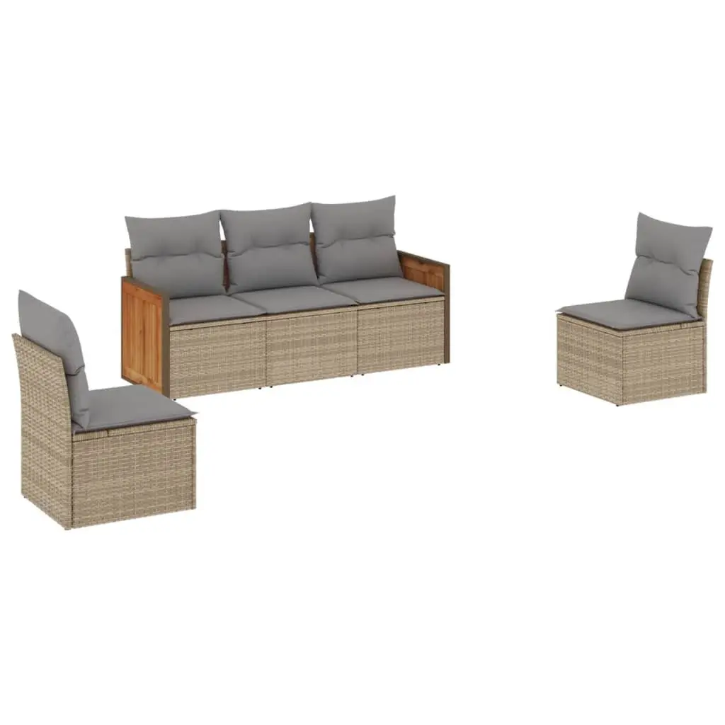 Outdoor Garden Sofa Set 5 Piece Beige Poly Rattan Patio Furniture with Cushions
