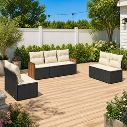 Garden Sofa Set 7 Piece Outdoor Furniture Black Poly Rattan Patio Lounge with