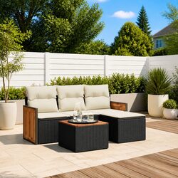 Outdoor Garden Sofa Set 5 Piece Black Poly Rattan Patio Furniture with Cushions