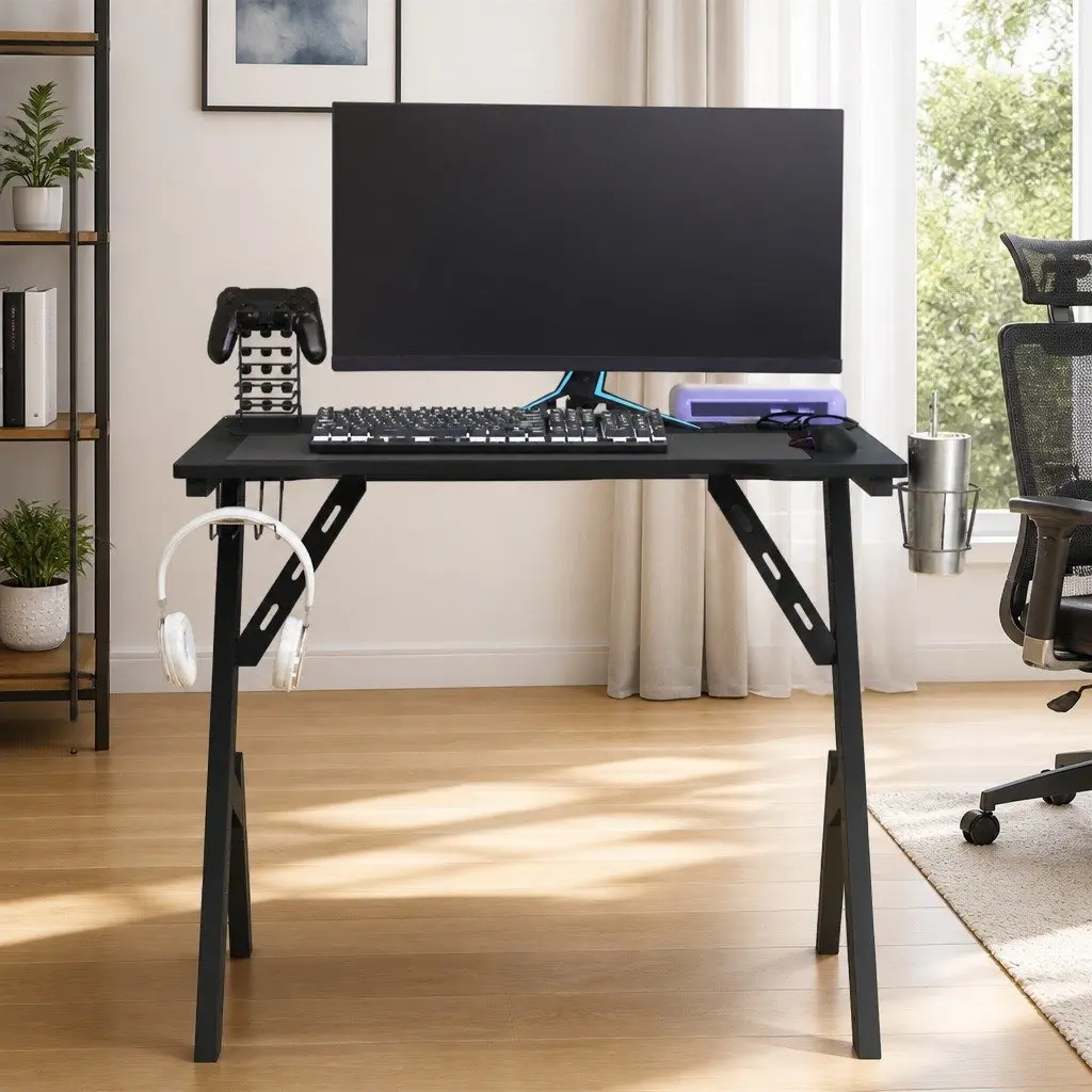 Gaming Desk with Y Shape Legs Black Computer Workstation Setup 90x60x75cm