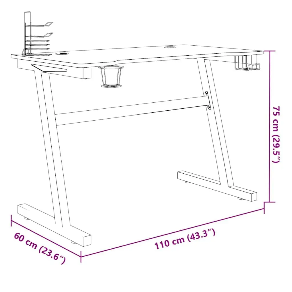 Gaming Desk LED RGB Z Shape Design Computer Workstation 110x60x75cm Black