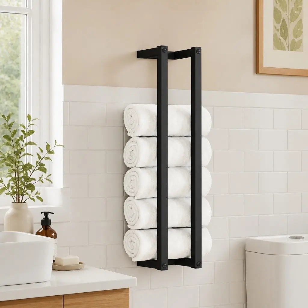 Towel Rack Black Wall Mount Iron Bathroom Holder Storage Organizer