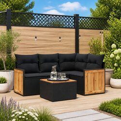 5 Piece Garden Sofa Set Outdoor Patio Furniture Black Poly Rattan with Cushions