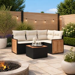 Garden Sofa Set 5 Piece Outdoor Furniture Black Poly Rattan Patio Seating with