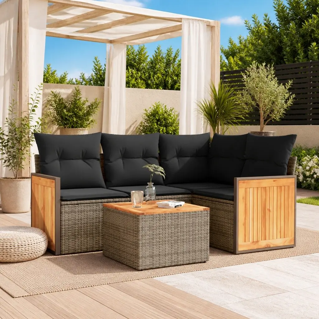 5 Piece Garden Sofa Set Grey Poly Rattan Outdoor Furniture with Storage Cushions