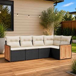 Garden Sofa Set 5 Piece Outdoor Furniture Patio Sectional Black Poly Rattan