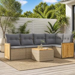 Garden Sofa Set 6 Piece Outdoor Furniture Beige Poly Rattan Patio Lounge Seating