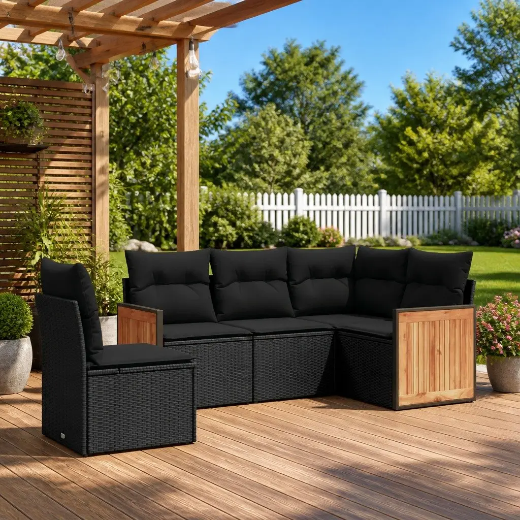 5 Piece Garden Sofa Set Outdoor Patio Furniture Black Poly Rattan with Cushions