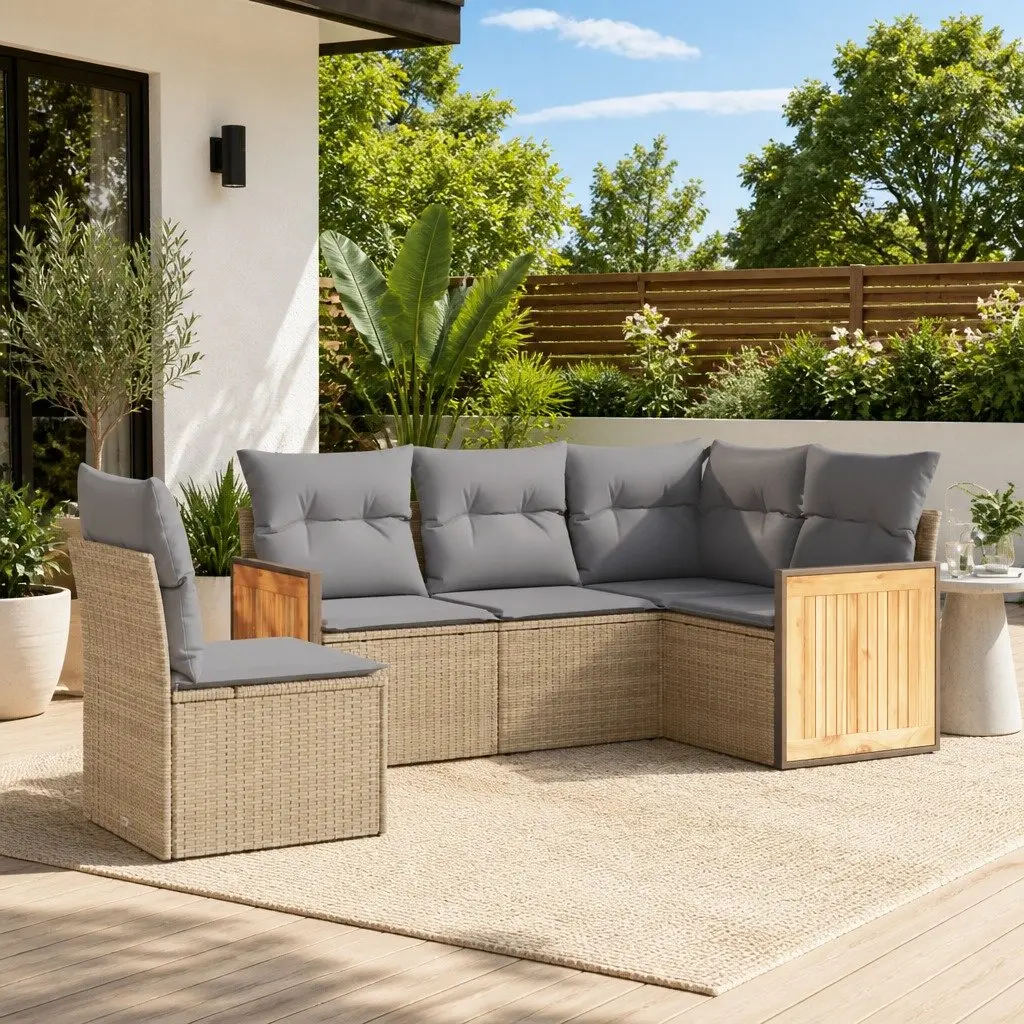 5 Piece Outdoor Garden Sofa Set Beige Poly Rattan Furniture with Storage