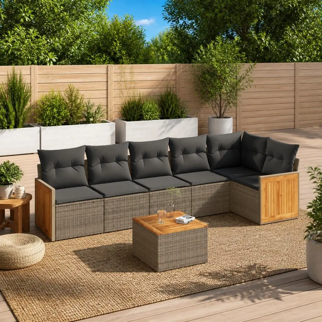 7 Piece Outdoor Garden Sofa Set Grey Poly Rattan with Cushions and Storage Compartment
