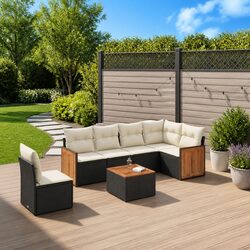 7 Piece Garden Sofa Set Outdoor Patio Furniture Black Poly Rattan with Cushions