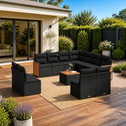 Garden Sofa Set 12 Piece Outdoor Furniture Black Poly Rattan Patio Lounge with