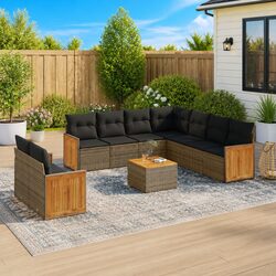 10 Piece Outdoor Garden Sofa Set Grey Poly Rattan Patio Furniture with Cushions