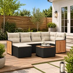 Garden Sofa Set 7 Piece Outdoor Furniture Patio Black Poly Rattan with Cushions