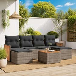 7 Piece Outdoor Garden Sofa Set Grey Poly Rattan Patio Furniture with Cushions