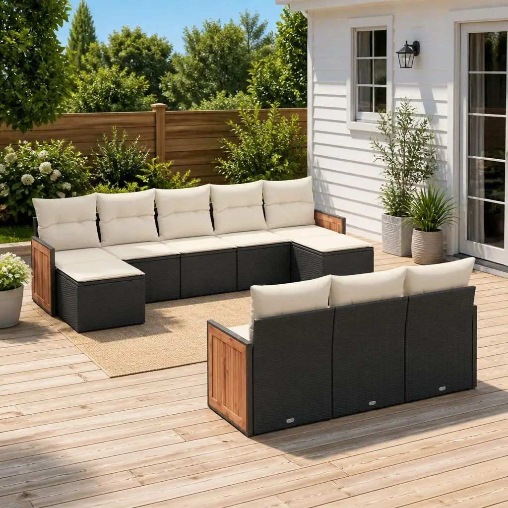10 Piece Garden Sofa Set Outdoor Patio Furniture Black Poly Rattan with Cushions