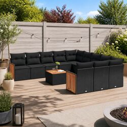 Outdoor Garden Sofa Set 12 Piece Black Poly Rattan Patio Furniture with Cushions