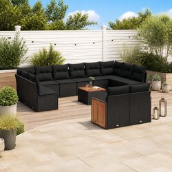 Outdoor Garden Sofa Set 13 Piece Black Poly Rattan Patio Furniture with Cushions
