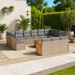Garden Sofa Set 14 Piece Outdoor Furniture Beige Poly Rattan Patio Lounge