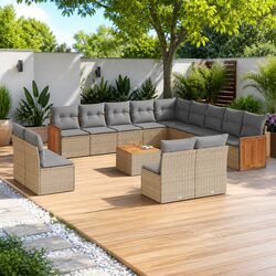 Garden Sofa Set 14 Piece Outdoor Furniture Patio Beige Poly Rattan Modular