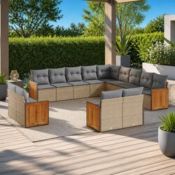 Garden Sofa Set 13 Piece Outdoor Furniture Beige Poly Rattan Modular Patio