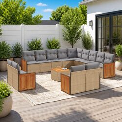 Garden Sofa Set 14 Piece Outdoor Furniture Patio Seating Beige Poly Rattan