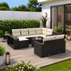11 Piece Outdoor Garden Sectional Sofa Set Black Poly Rattan Patio Furniture