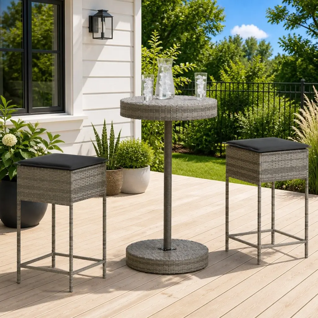 Garden Bar Set 3 Piece Outdoor Furniture with Cushions Grey PE Rattan and Powder-Coated Steel Frame